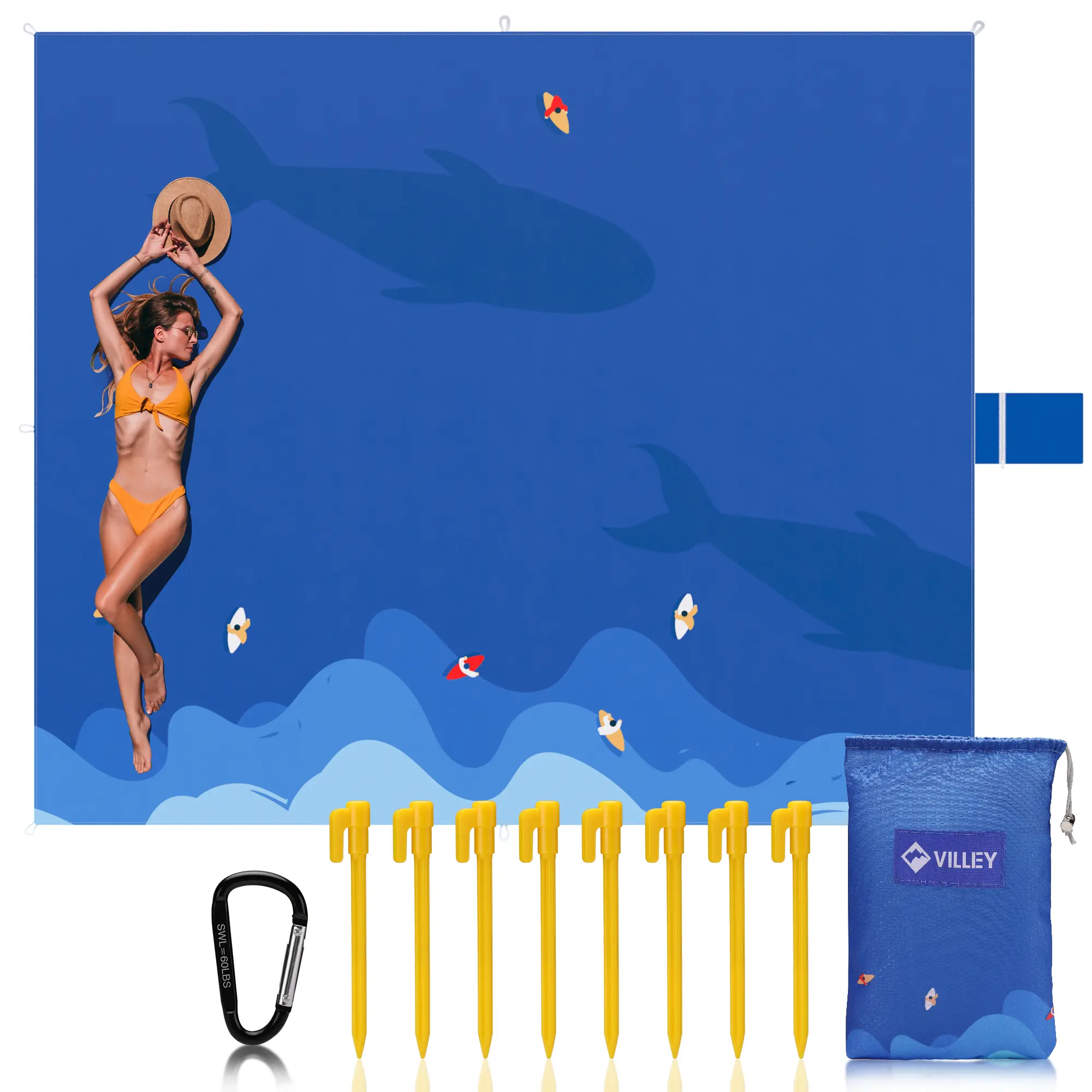 #toolupgrade VILLEY Beach Blanket Waterproof Sandproof, Extra Large Beach Mat 60"x56" / 128"x108" for 1-8 Adults, Beach Blanket with 4/8 Stakes & 4 Corner Pockets, Outdoor Beach Accessories for Travel, Camping