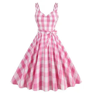 Pink Plaid Vintage Dress for Women 1950s Plaid Dress Pink Spaghetti Strap Dress Pink Gingham Dress Pink and White Checkered Dress 50s Style Pinup Dresses Rockabilly Prom Tea Party Dress Pink-Straps L