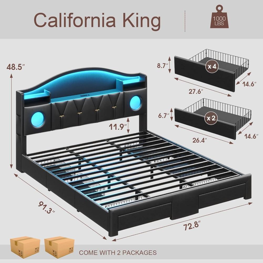 California King Bed Frames, Cal King Bed Frame with Storage Headboard & 6 Drawers, Platform Bed with with LED Lights & Charging