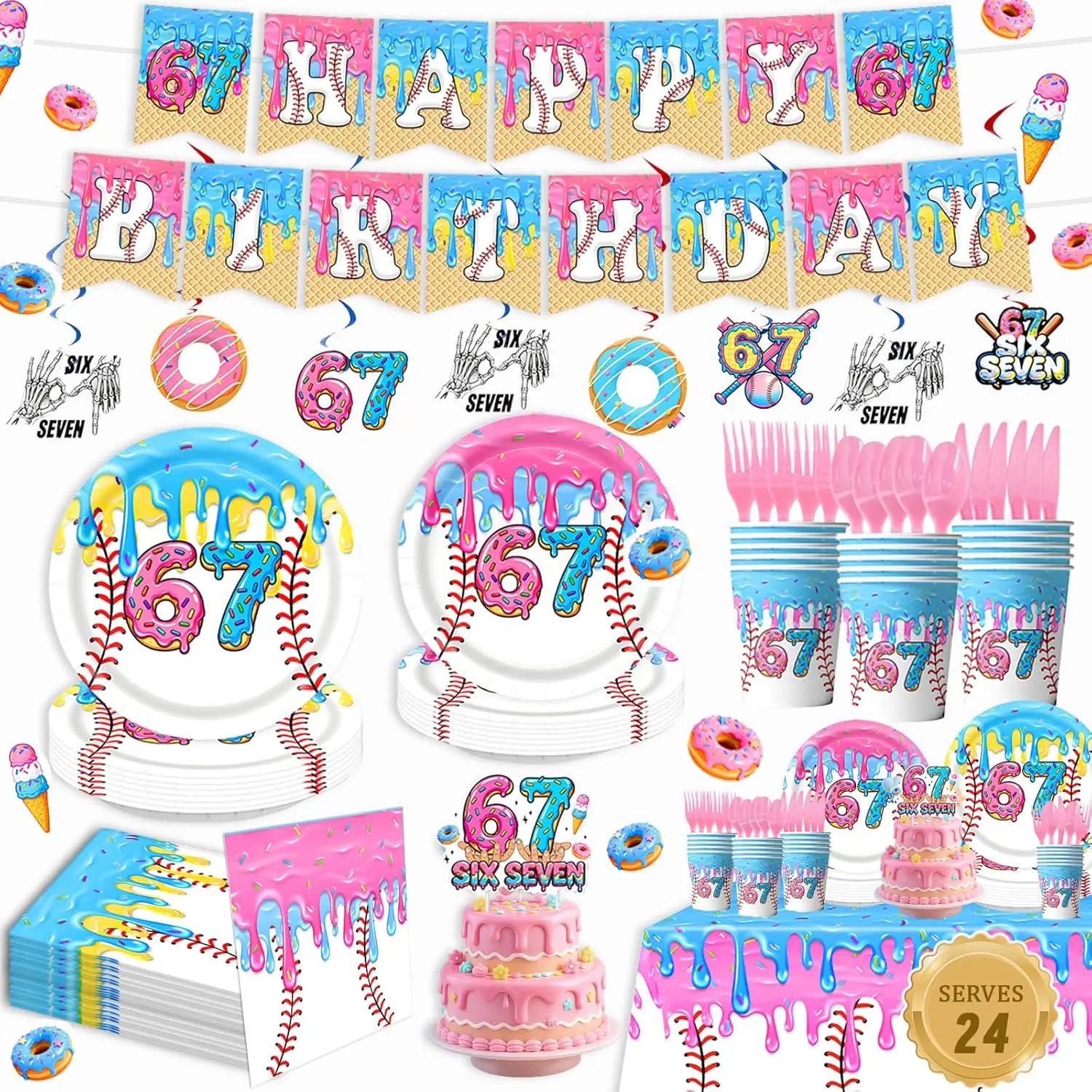 192Pcs 6 7 Birthday Decorations, 67 Party Decorations, 6-7 Birthday Decorations Set Suppliers for Boys Girls, Includes Plates, Napkins, Cups, Cutlery, Cake Toppers, Banner, Tablecloth (Serve 24)