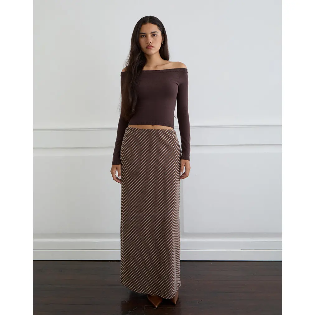 Surina Maxi Skirt in Diagonal Striped Flock Brown and Cream