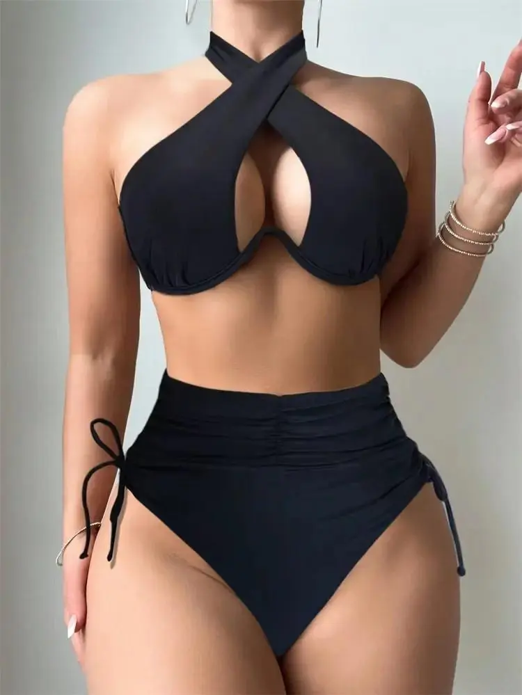 Women's Solid Black 2-Piece Bikini Set - Crisscross Wrap Halter Underwire Cutout Top, Ruched Side Drawstring High-Waist High-Cut Bottom, Figure-Flattering Swimwear