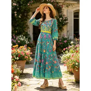 Vibrant Teal Boho Paisley Maxi Dress Elegant Floral Lantern Sleeve Gown | Size Inclusive S-XL | Perfect for Beach Vacation, Festival & Wedding Guest