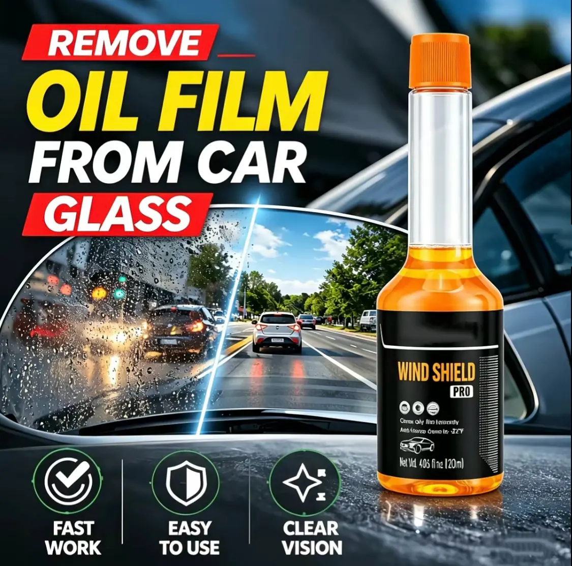 Glass Cleaner Powerful Stain Remover, Oil Film Remover, Insect Glue Remover, Anti-Freeze, Hydrophobic Glass Cleaner for Cars