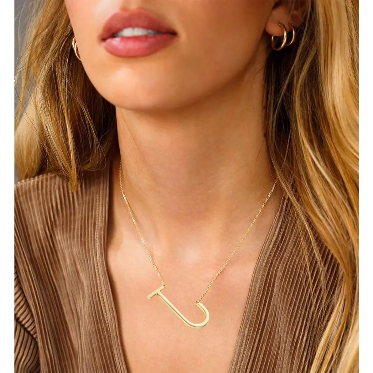 Sideways Initial Necklace 18K Gold Plated Stainless Steel Large Letter Necklace Big Initial Pendant Monogram Name Necklace for Women
