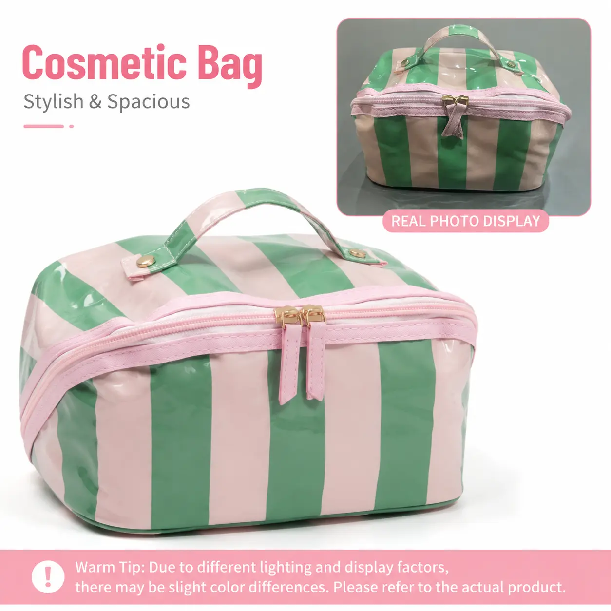 Striped Makeup Bag for Women, Large Capacity Waterproof PVC Travel Organizer with Wide-Mouth Opening & Top Handle, Makeup Products