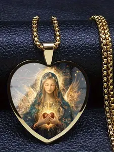 A transparent glass heart-shaped necklace with a 2D vintage-style, intricately detailed image of the Virgin Mary inside, Photo Necklace