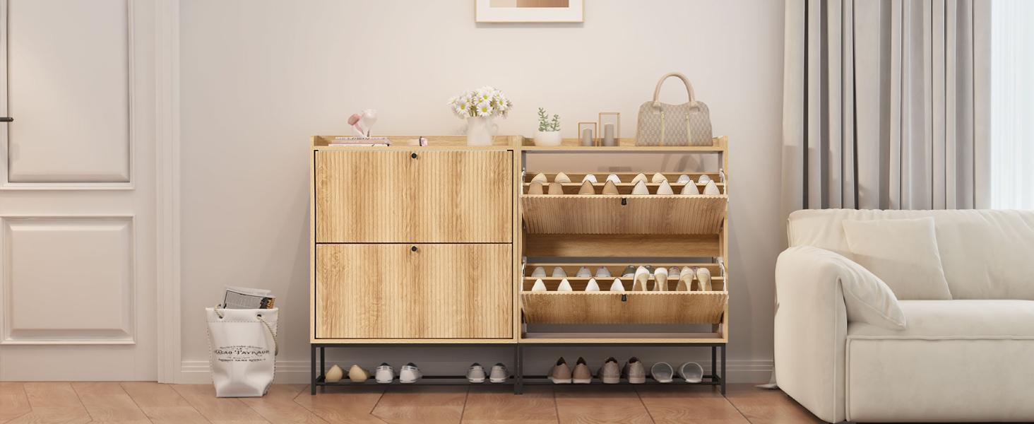 Giratree Fluted Shoe Cabinet with 2 Flip Drawers, Modern Slim Shoe Storage Organizer, Narrow Entryway Shoe Rack, Tipping Shoe Cabinet with Metal Legs for Heels, Boots, Slippers in Entrance