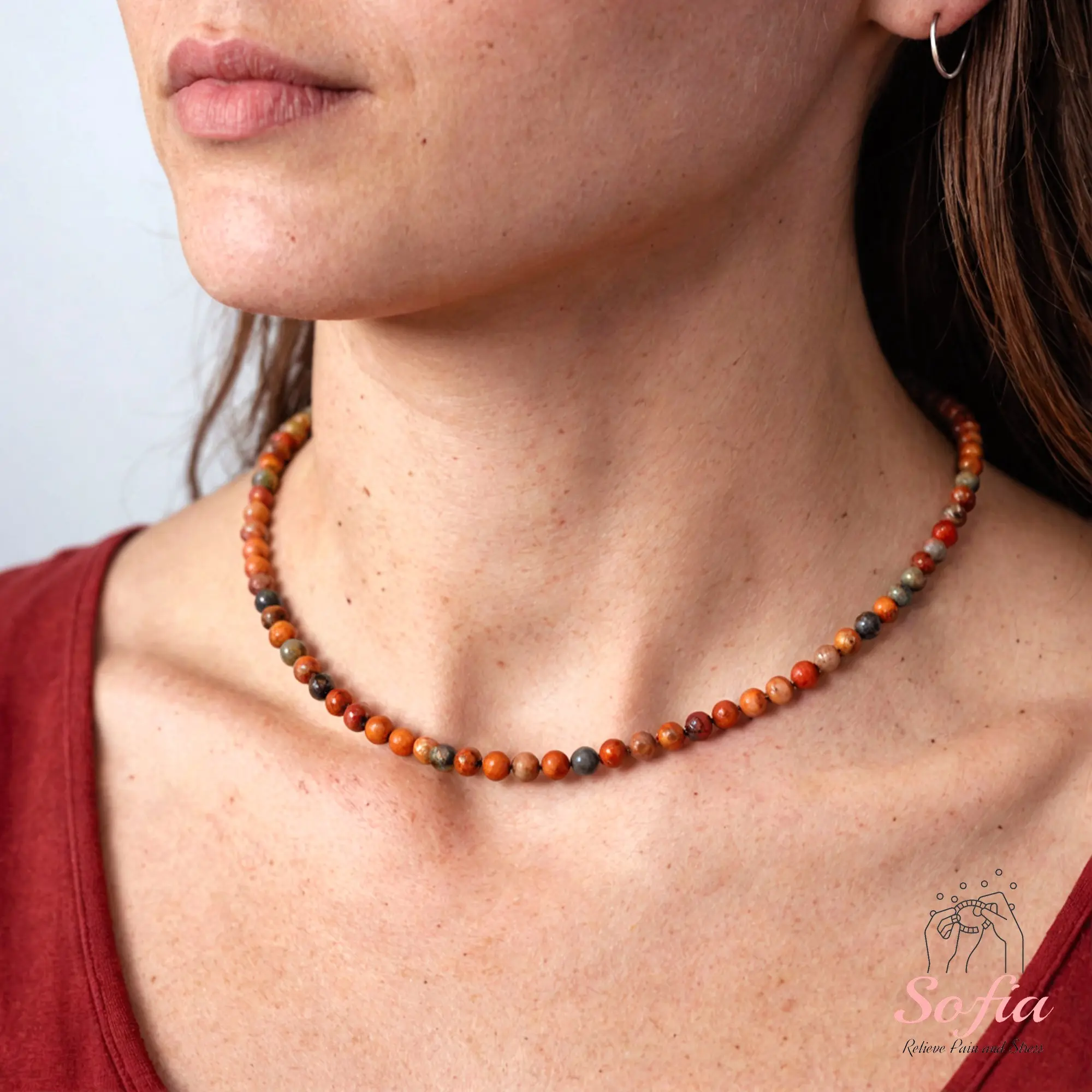 Delicate Red Creek Jasper Beads Choker Necklace, Tiny Dainty Gemstone Beaded Necklace, Waterproof Crystal Beaded Choker, Dainty Minimalist Style for Women Handmade Adjustable, gift for her