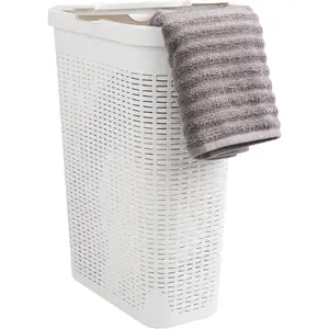 Slim Laundry Hamper with Lid, 40L Clothes Basket, Narrow Tapered Design with Ventilated Cutout Pattern, Plastic, White