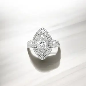 Modern Silver Rings - 2.42 ctw Marquise Moissanite Double Halo Ring Crafted from 925 Sterling Silver