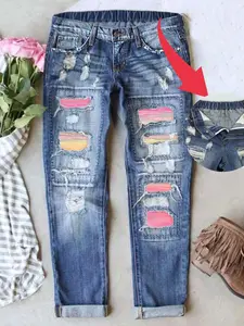 Women's Patch Ripped Boyfriend Distressed Cute Unique Floral Print Mid-Waist Stretch Waistband  Fitted Denim Jeans Comfy for All Seasons