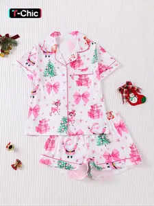 Women Christmas Pajama Set, Santa & Bowknot Tree Pattern, Short Sleeve Button-Up Shirt & Elastic Shorts, Casual All-Season Sleepwear Loungewear