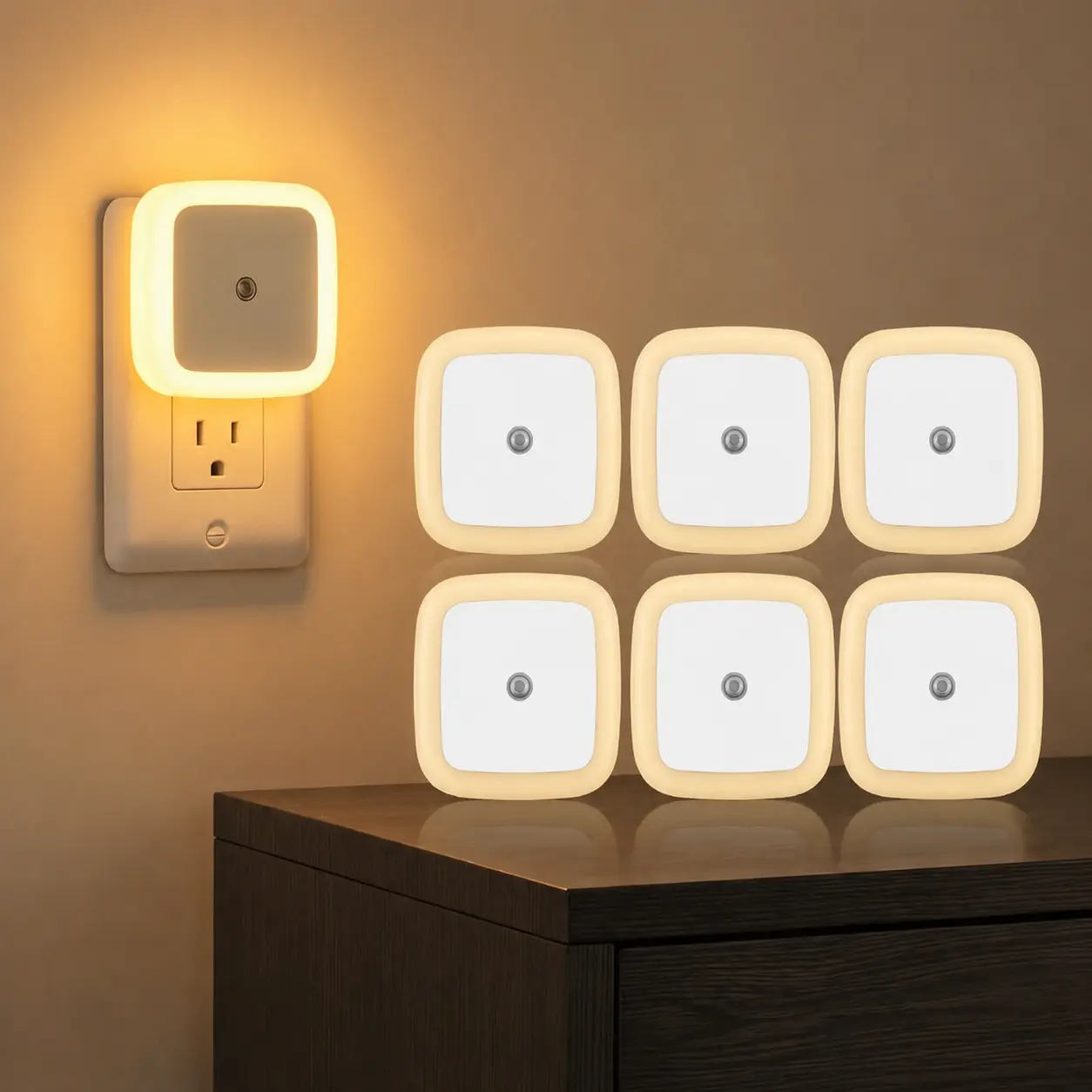 6 pcs/set LED Night Lights, Plug-in Night Light with  Smart Dusk-to-Dawn Sensor, Soft Warm Light for Bedroom, Bathroom, Hallway, Kitchen, Stairs, Kids, Adults, Home Lighting Essential