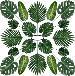 60 Pieces 5 Kinds Artificial Palm Leaves with Faux Stem, Tropical Party Decorations Jungle Monstera Leaves Safari Leaves for Hawaiian Luau Party Jungle Beach Table Leave Decorations
