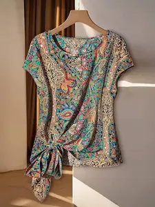 Women's Casual Vacation Round Neck Sleeveless Tie-Bow Hem Split Hem Blouse, Spring/Summer