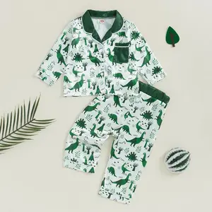 Little Boy Pajama Sets Lapel Neck Button-up Tops Elastic Waist Long Pants Dinosaur Print Autumn Satin Loungewear Set