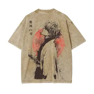 2026 Summer New Zenitsu Agatsuma Breath of Thunder Retro Washed Old T-shirt Demon Slayer 90s Street Style Short-sleeved Top
