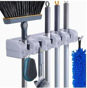 Durable Plastic, Space-Saving Utility Organizer - Wall Mounted Storage Rack with 5 Slots & 6 Hooks, Heavy-Duty Garage, Kitchen, Laundry Organizer for Brooms,