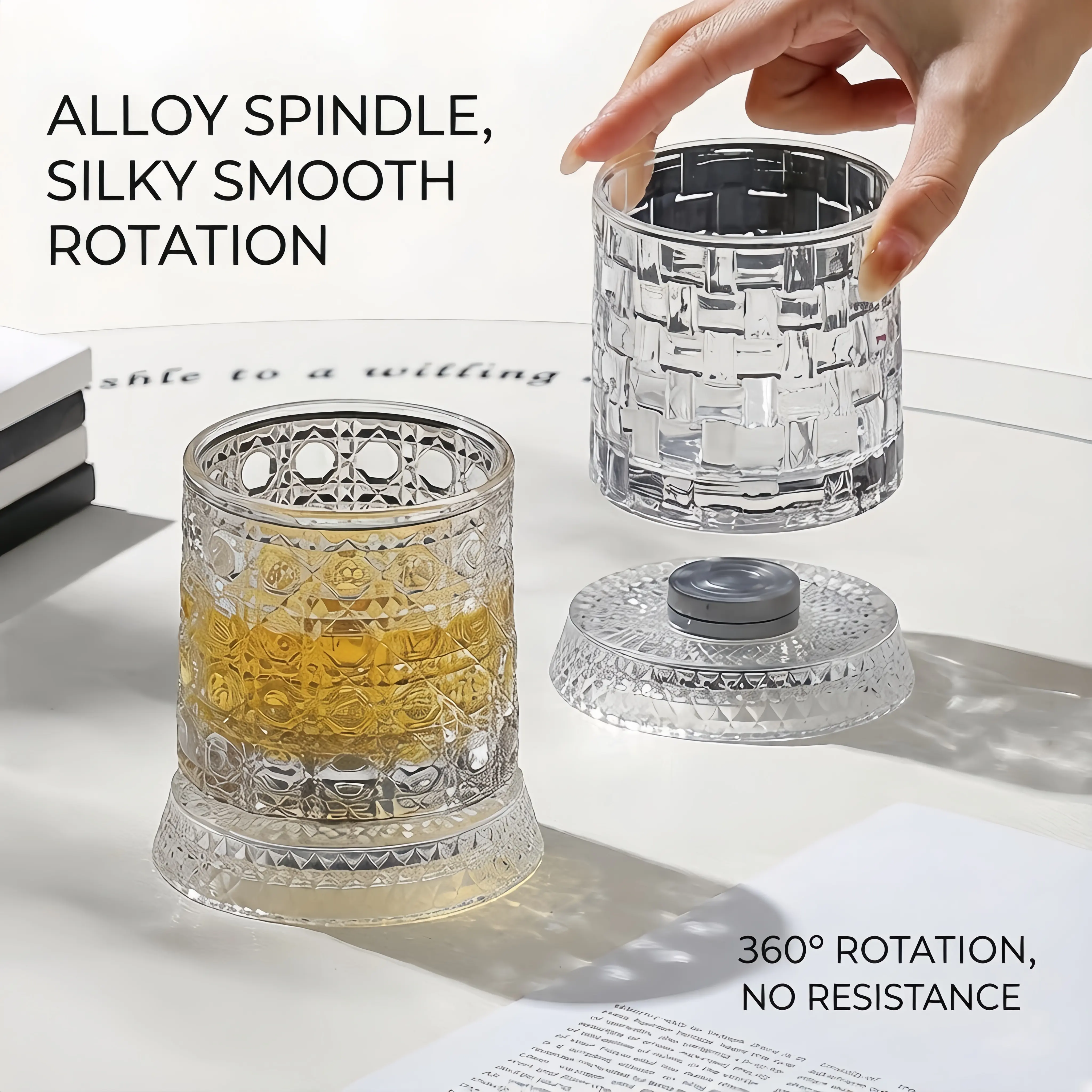 Spinning Crystal Whiskey Glass - Sturdy Thickened Premium Drinking Glass with Light-Up Base, Diamond-Cut Geometric Rotating Drinkware, Luxury Gift for Bar Home Festive Supplies, Spinning Crystal Glass