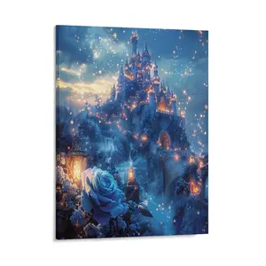 Magnificent Castle Canvas Posters Wall Art Prints Psychedelic Blue Roses Painting Home Wall Aesthetic Living Room Bedroom Office Decor Festival Gift