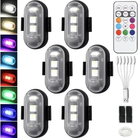 RGB LED Aircraft Strobe Lights - Remote Controlled Wireless Waterproof Warning Lights with Breathing Mode, Velcro Stickers, 23ft/7m Range, Ambient Lighting, High Visibility for Outdoor Cycling, Motorcycles, Boats, Trucks
