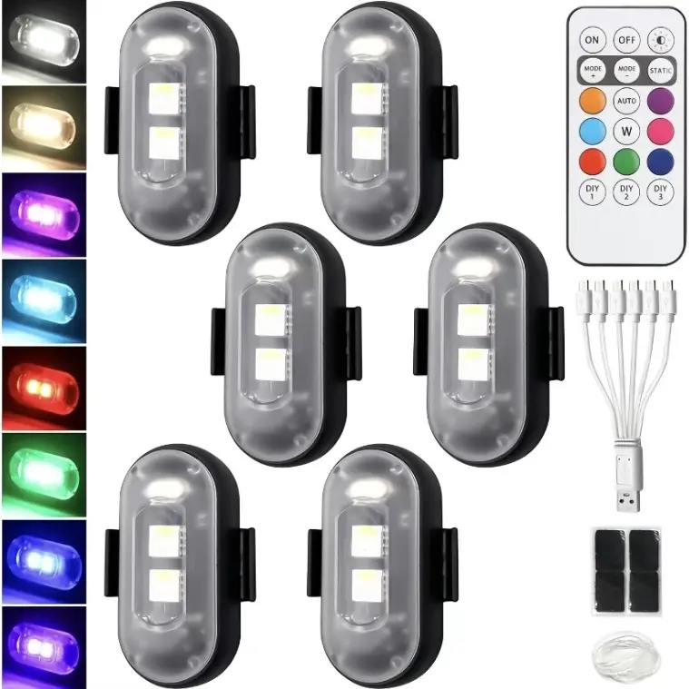 RGB LED Aircraft Strobe Lights - Remote Controlled Wireless Waterproof Warning Lights with Breathing Mode, Velcro Stickers, 23ft/7m Range, Ambient Lighting, High Visibility for Outdoor Cycling, Motorcycles, Boats, Trucks