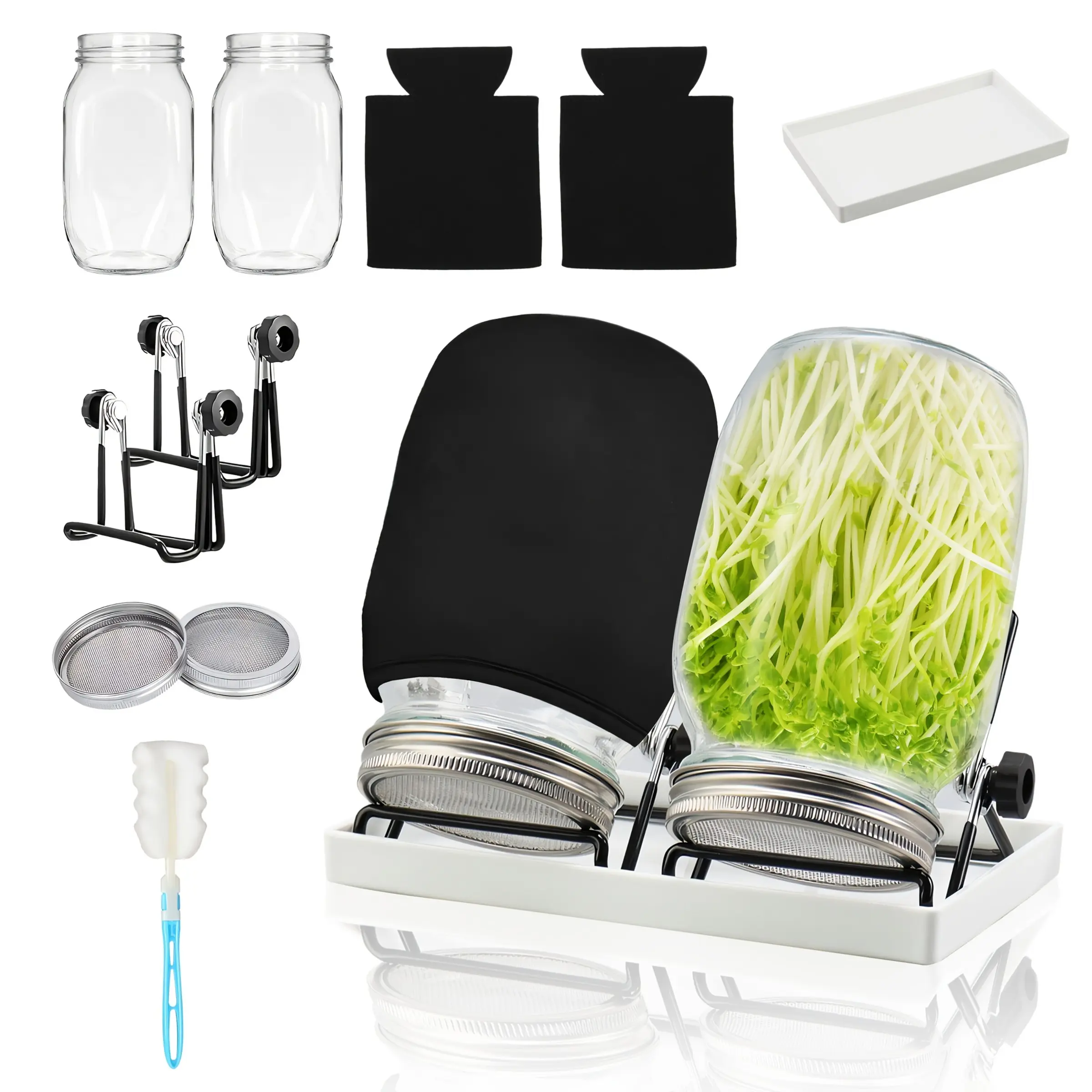 Germination Planting Kit, 13oz Mason Jars with Filters, Germination Lids, Jar Holder, Tray, Blackout Cover, Seed Starter Set for Soybeans, Broccoli, Herbs, Glass