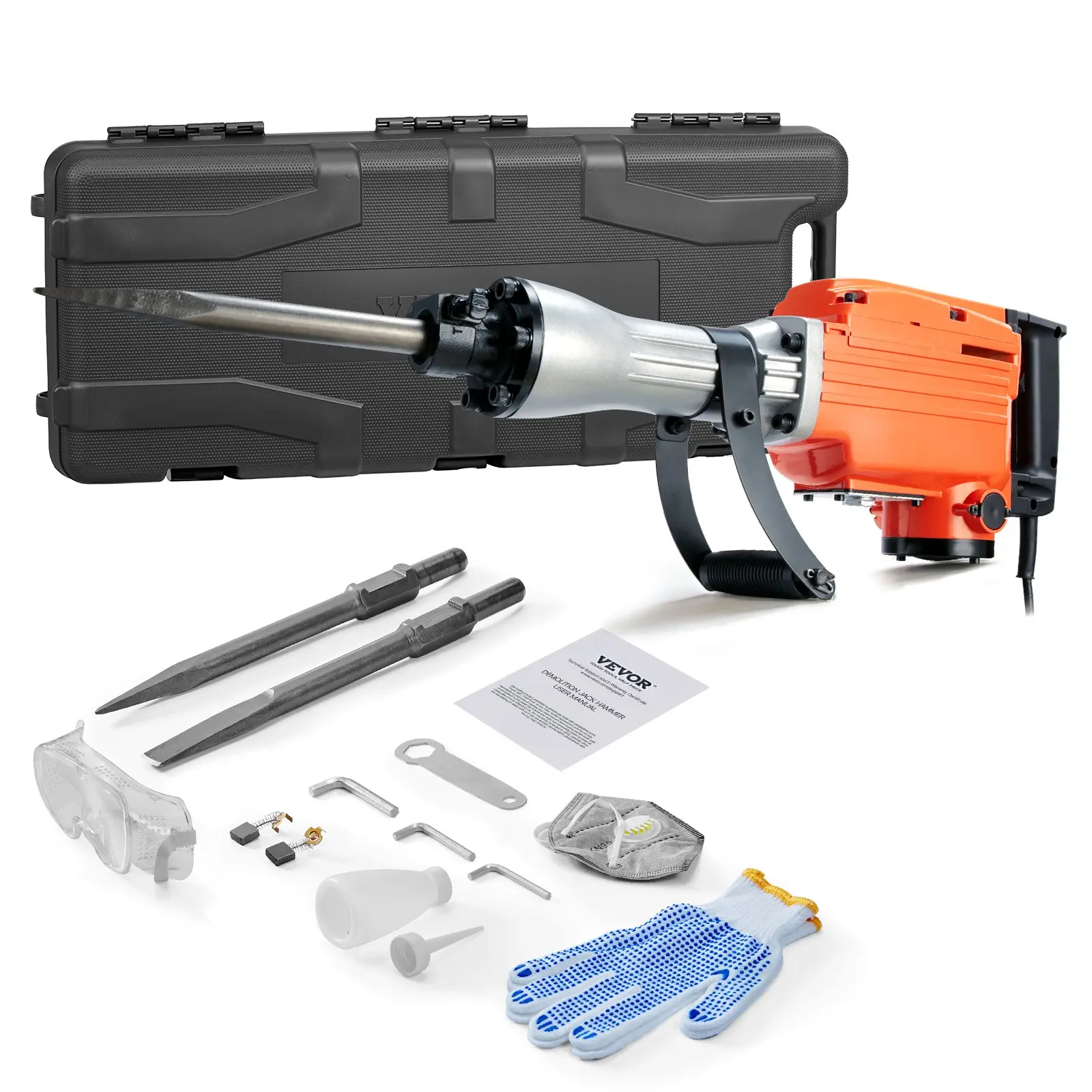 【Summerfinds】VEVOR JH-65 2-Piece Heavy-Duty Aluminum Body Jackhammer Tool Kit, 2200W Electric Impact Drill with 2 Chisel Bits (14.9in/380mm Steel Point), 1-1/8" Chuck, 1350 BPM, Non-Slip Grip, Swivel Handle, Cooling System, Storage Case for Brick/Concrete
