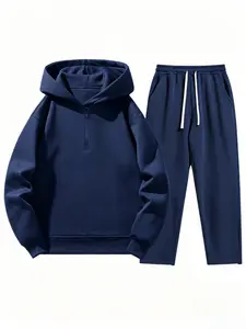Men’s solid-color fashion two-piece sweatshirt set, regular fit, casual drop-shoulder half-zip hooded sweatshirt + drawstring sweatpants with pockets, suitable for 20-year-old boys, ideal for everyday wear and workouts tiktokshopspringglowup
