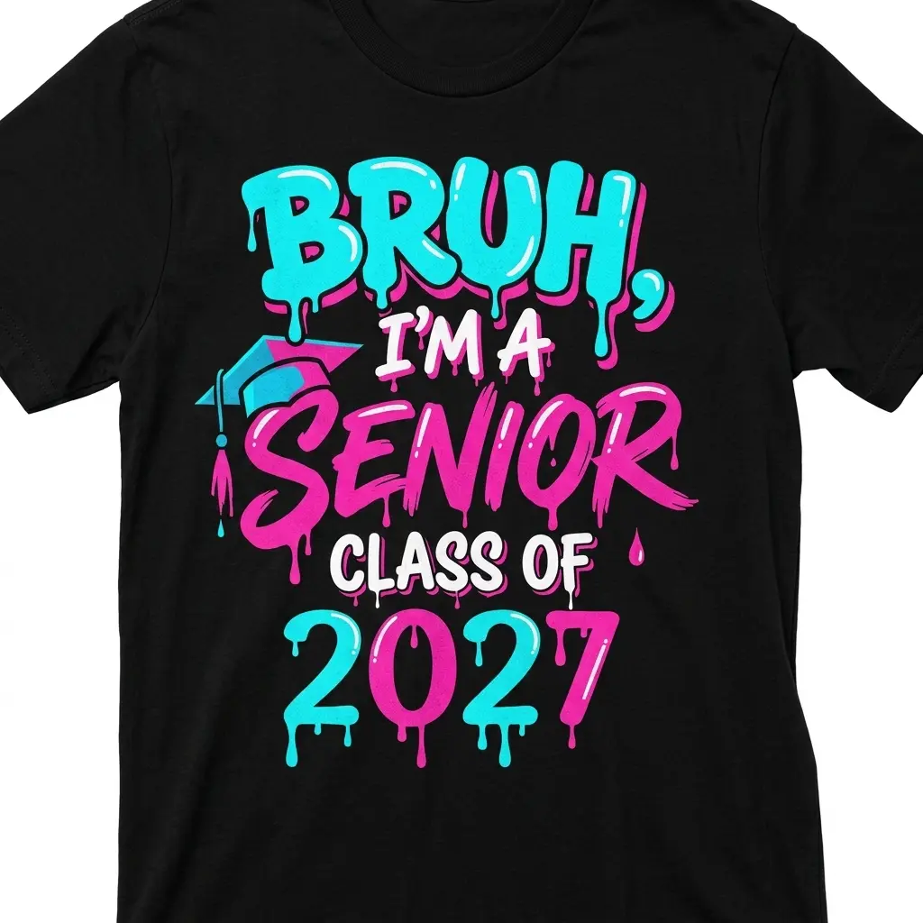 BRUH I'M A SENIOR CLASS OF 2027" Graduation Theme Black Graphic Tee, Pure Cotton Final Academic Year Fluid Aesthetic Casual Top