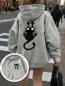 Women's Casual Cat Print Hooded Sweatshirt with Drawstring and Pockets, Loose-fitting Fall and Winter Fashion Pullover, Stylish Everyday