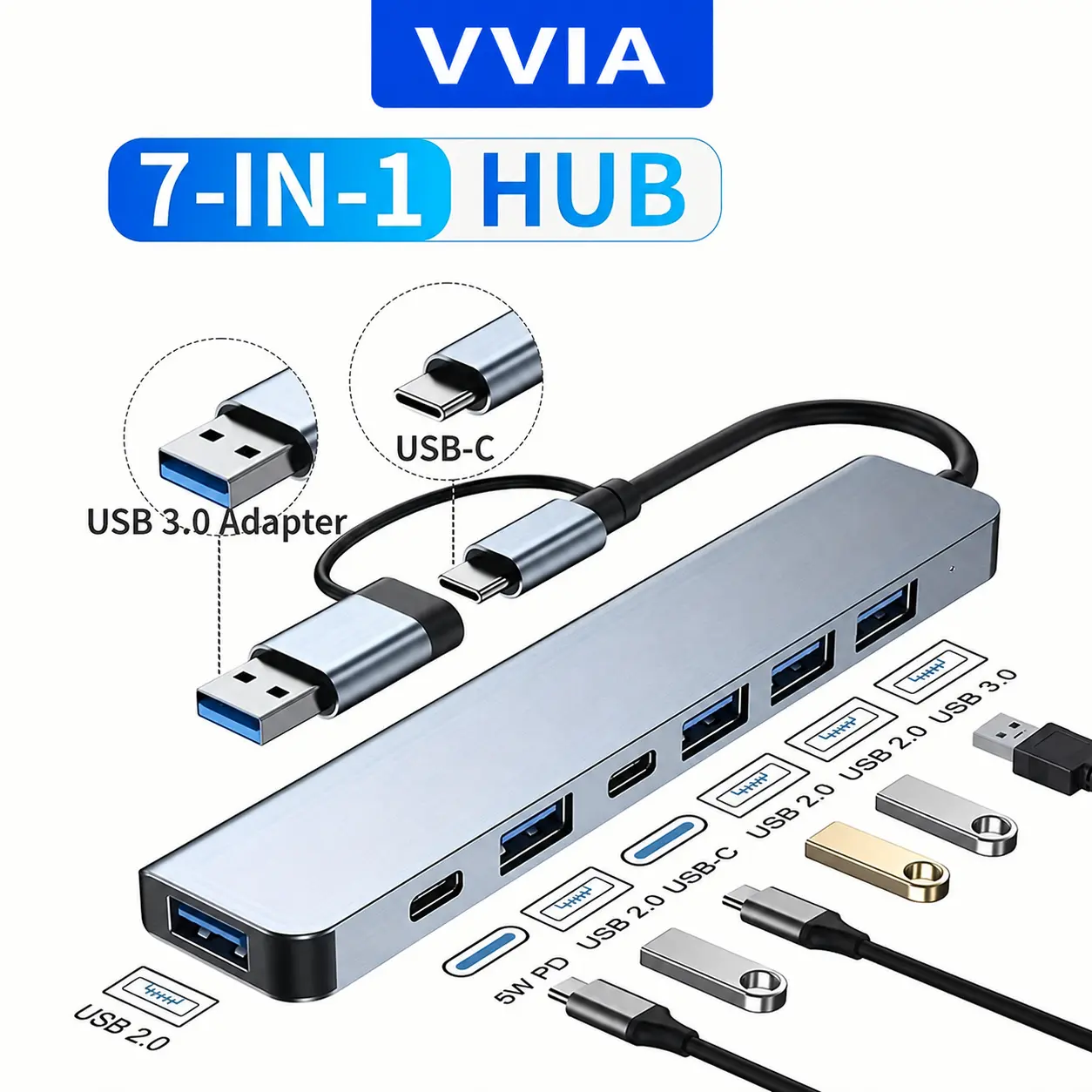 USB C Adapter USB Adapter 3.0, Aluminum 7-in-1 USB Extender, USB Splitter With 1 USB 3.0, 4 USB 2.0 And 2 USB C Ports, For Electronics/computers And Accessories/peripherals/port Adapters/port Adapters/aluminum Alloy Housing Usb C Input Usb Hub