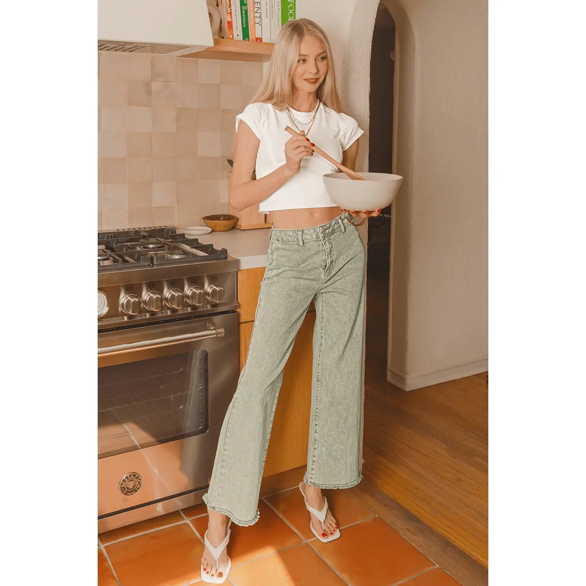 Zenana Acid Washed Frayed Cutoff Hem Straight Wide Pants, Bottoms, Graphic, Basic, Everyday Womenswear Blazer, Cotton