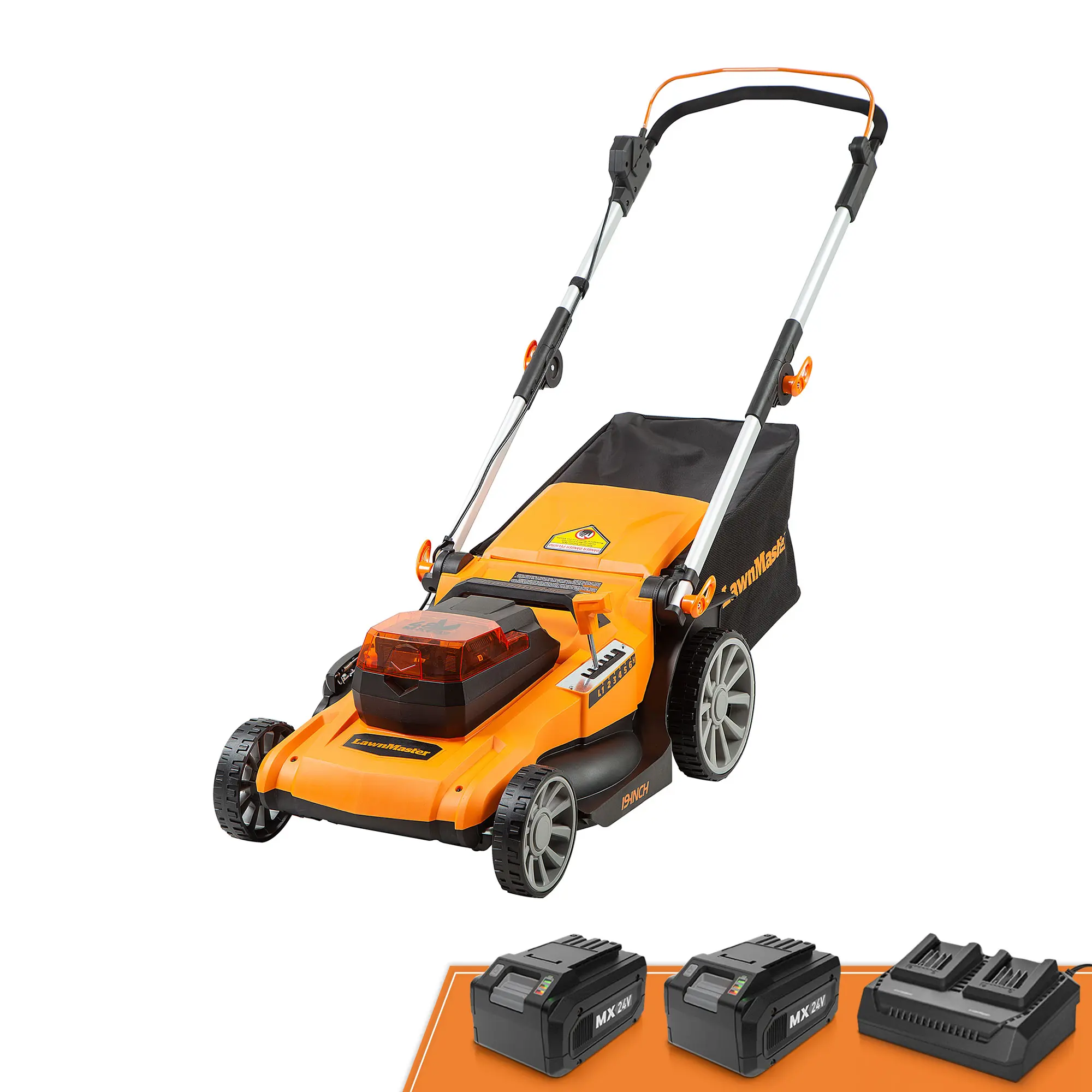LawnMaster 48V MAX 19-in Brushless Cordless Battery Powered Lawn Mower - Push Handle Model with Adjustable Height, 2x24V MAX 4.0Ah Batteries, Dual Charger