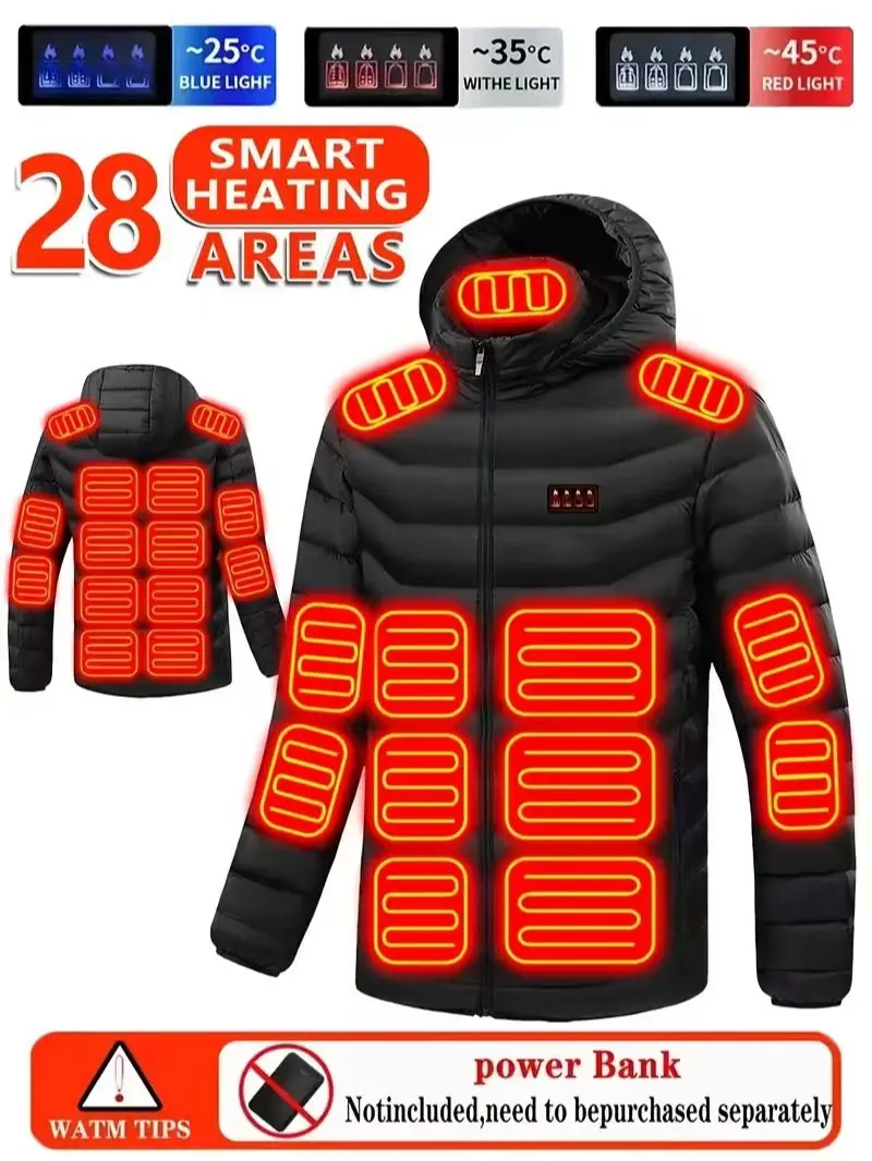 Men's heated jacket, unisex, 28-zone heating, USB-powered, detachable hood, men's coat, recommended for cold weather, daily commuting, going out camping, skiing, cycling and more