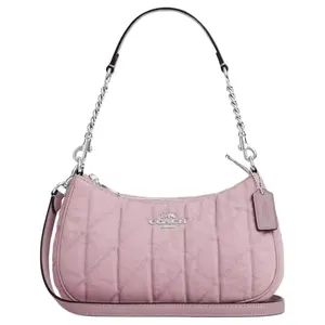 COACH Teri 24 Crossbody Shoulder Bag for Women – Denim and Leather Blend, Detachable Wide Strap, Carnation Pink