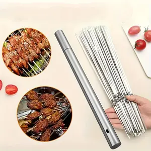 16pcs Stainless Steel Skewers & 1 Tube Storage For Barbecue, Reusable Grill Skewers, Shish Kebab BBQ Camping Flat Forks Gadgets, Outdoor Camping Picnic, Cookware Barbecue Tool Accessories