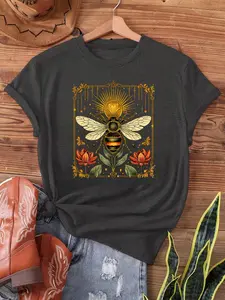 Women's "Vintage Bee & Floral" Boho Art T-Shirt - Ornate Golden Frame Bee & Botanical Graphic Print, Classic Crew Neck Regular Fit, Perfect for Nature Lovers, Boho Style, Casual Daily Wear & Whimsical Self-Expression, Bee Art Statement Tee