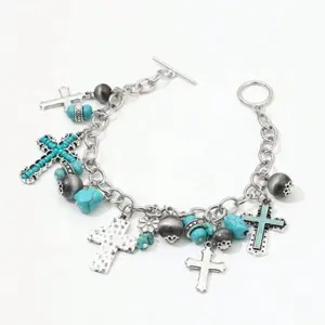 Easter Gift Turquoise Beaded Charm Bracelet – Crown, Butterfly, Cross & Faux Pearl Accents, Handmade Jewelry for Women & Girls