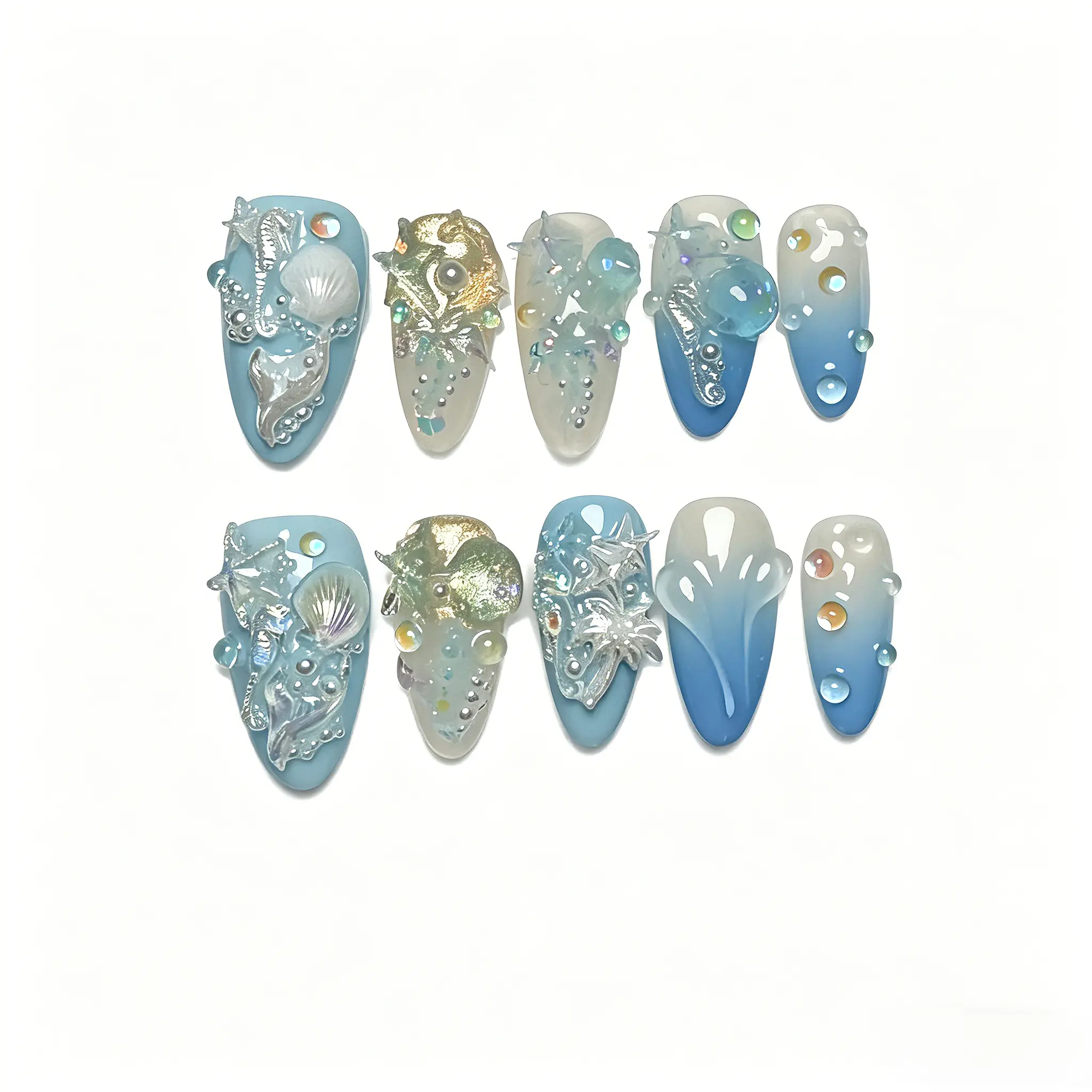 Ocean Beach 3D Handmade Press On Nails, Blue Gradient Almond Fake Nails with 3D Seahorse Shell Starfish Pearl Bubble Charms, Summer Vacation Mermaid False Nails, Reusable Tropical Sea Press On Nail Set for Beach Travel Pool Party
