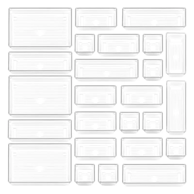 25 Pcs Drawer Organizer Storage Trays For Makeup, Kitchen, Bedroom, Office, Desk, Versatile Plastic Clear Drawer Organizer. Boxes