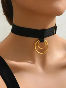 1PC Black Gothic Metal Double Circle Pendant Adjustable Choker Necklace for Women, Punk Cool Style, Daily Wear, Lantern Festival & Valentine's Day Gift