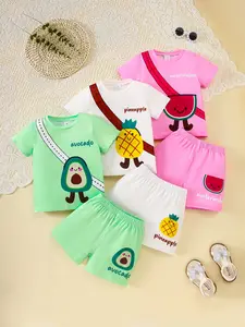 Girls' 6-Piece Set Avocado, Pineapple, Watermelon, Fun Cartoon Fruit Pattern, Summer Outdoor Wear, Casual Kids Clothes, Summer Outfits Set