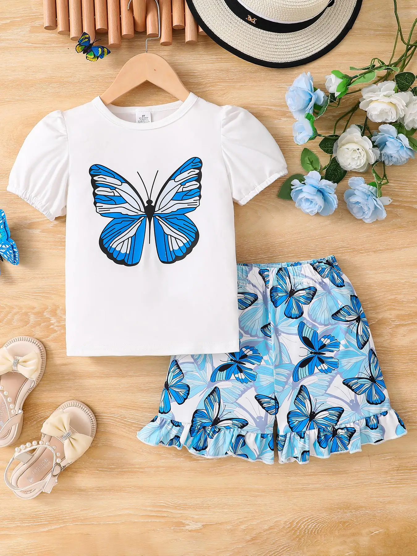 Two-piece Set Toddler Girl's Butterfly Print Tee & Shorts Set, Casual Round Neck Short Sleeve T-shirt & Elastic Waist Skirt for Summer, Kids Clothes