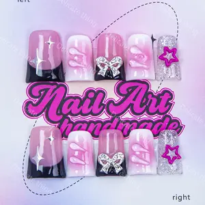 Delicatething Y2K Style Duckbill Nails, Stylish Acrylic Press On Nails, Acrylic Fake Nails, Handmade Nail Art Set with Stars, 3D, French Design, S M L Sizes, Perfect Gift for Girls