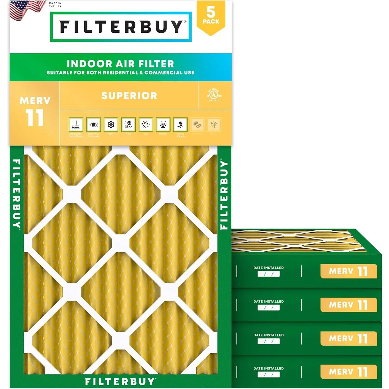 Filterbuy Household Replacement 16x24x2 Air Filter (5-Pack), Pleated MERV 11 Allergen Defense HVAC AC Furnace Air Filters (Actual Size: 15.38x23.38x1.75 in)