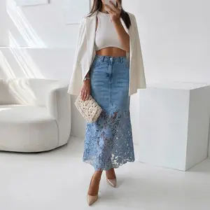 ChicMe Women's Guipure Lace Spliced Denim Skirt High Waisted Jean Skirt French-Style Casual Skirt