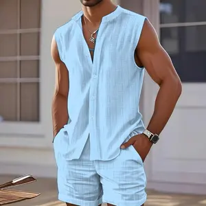 Summer 2025 Men's Vest Shirt Casual Loose Sleeveless Shorts Beach Set Clothes Menswear