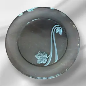 Vintage Round Glass Serving Platter Clear w Frosted Abstract Floral Pattern